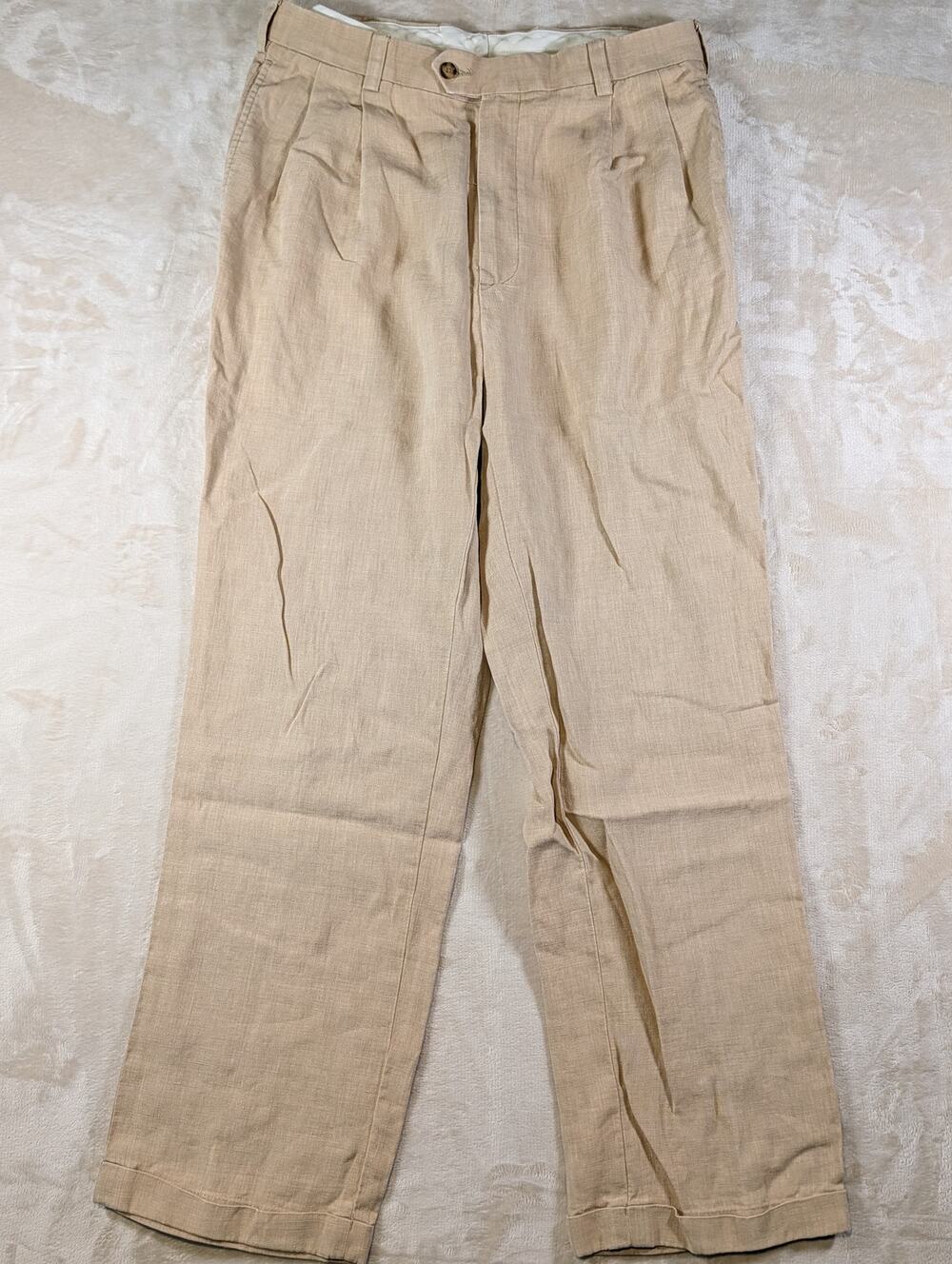 Jos A Bank Mens 33x32 Linen Pleated Cuffed Dress Pants Trousers Tan Beige Beige